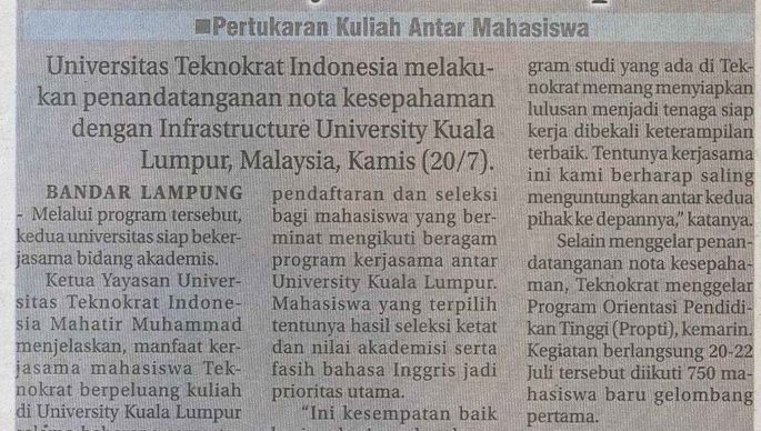 TribunLampung-21-july-17-Teknokrat-Jalin-Kerjasama-dengan-Infrastruktur-University-Kuala-Lumpur